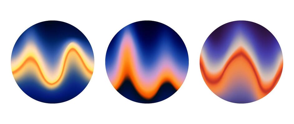 Iridescent round wavy gradient background set. Blurred liquid waves wallpaper collection. Colorful blue orange abstract backdrops in circles. Sphere templates for banner, flyer, cover, poster