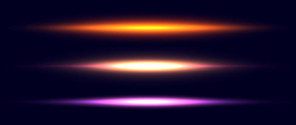 Neon divider lines set. Glowing horizontal stripes collection. Fluorescent electric light sticks pack. Shining laser beams with LED effect bundle. Elements for poster, banner, cover, decoration