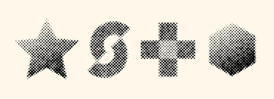 trama de semitonos geométrico formas colocar. punteado cruz, estrella, hexágono y arcos elementos con degradado. negro texturizado objetos para bandera, póster, collage, volantes, folleto, folleto, cubrir. vectorfade vector