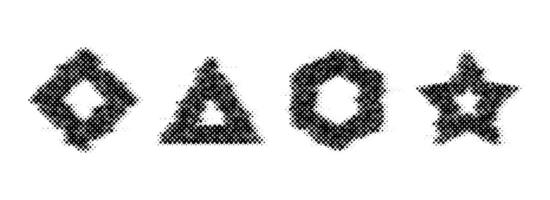 Halftone glitch geometric shapes set. Dotted distorted triangle, square, hexagon and star elements. Black noise texture objects for banner, poster, collage, flyer, booklet, brochure. vector