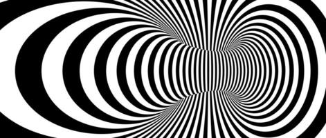 Optical illusion background. Hypnotic spinning lines. Black and white tunnel wallpaper. Psychedelic twisted stripes pattern. Rotating spiral knot template for poster, banner, cover. vector