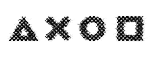 Halftone glitch geometric shapes set. Dotted distorted triangle, cross, circle and square elements. Black noise texture objects for banner, poster, collage, flyer, booklet, brochure. vector