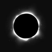Sun full eclipse concept. Light grey moon glow background. Solar or planet total eclipse in dark space. Hot star surface flare with rays and beams effects. Supernova corona illustration vector