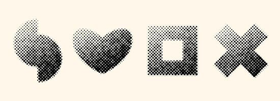 Halftone geometric shapes set. Dotted cross, heart, semicircles, square elements with gradient. Black textured objects for banner, poster, collage, flyer, booklet, brochure, cover. vector