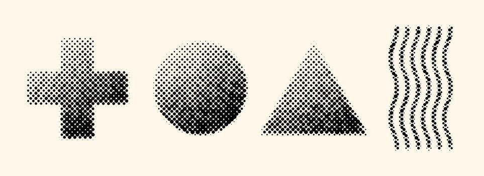 Halftone geometric shapes set. Dotted cross, circle, triangle and waves elements with gradient. Black textured objects for banner, poster, collage, flyer, booklet, brochure. vector