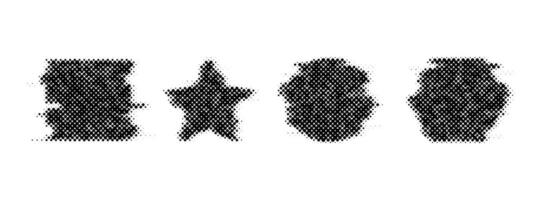 Halftone glitch geometric shapes set. Dotted star, square, circle and hexagon elements. Black noise texture objects for banner, poster, collage, flyer, booklet, brochure. vector