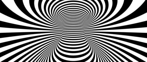Optical illusion background. Hypnotic spinning lines. Black and white tunnel wallpaper. Psychedelic twisted stripes pattern. Rotating spiral knot template for poster, banner, cover, flyer. vector
