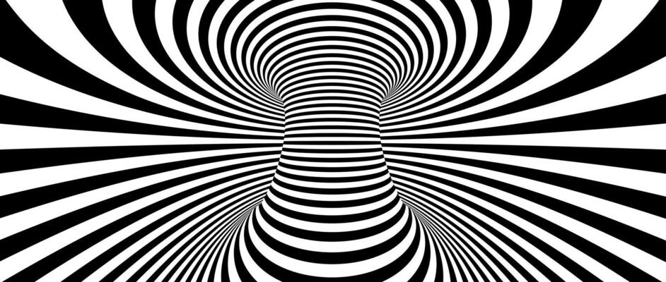 Optical illusion background. Hypnotic spinning lines. Black and white tunnel wallpaper. Psychedelic twisted stripes pattern. Rotating spiral knot template for poster, banner, cover, flyer.