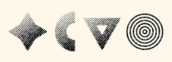 Halftone geometric shapes set. Dotted pixelated diamond, arch, triangle and circles elements with gradient. Black textured objects for banner, poster, collage, flyer, booklet, brochure. vector