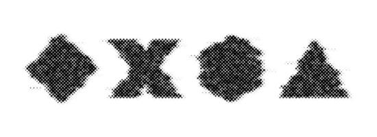 Halftone glitch geometric shapes set. Dotted cross, square, triangle and triangle elements. Black noise texture objects for banner, poster, collage, flyer, booklet, brochure. vector