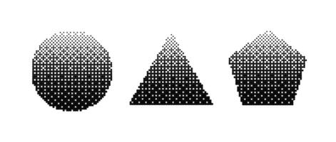 Geometric shapes bitmap set. Dither gradient forms collection. Circle, triangle, pentagon design elements for poster, banner, collage, booklet, brochure. Abstract pixelated shapes pack. vector