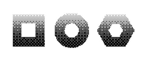 Geometric frames bitmap set. Dither gradient shapes collection. Ring, square, hexagon elements design elements for poster, banner, collage, booklet, brochure. Abstract pixelated shapes pack. vector