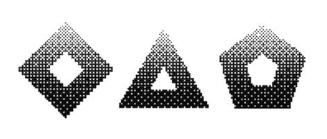 Geometric frames bitmap set. Dither gradient shapes collection. Rhomb, triangle, pentagon elements design elements for poster, banner, collage, booklet, brochure. Abstract pixelated shapes pack. vector