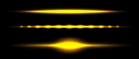 Gold neon divider lines set. Yellow glowing horizontal stripes collection. Fluorescent golden light lines pack. Shining laser beams bundle. Elements for poster, banner, cover, decoration vector
