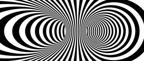 Abstract hypnotic distorted lines background. Black and white vertical tunnel wallpaper. Psychedelic twisted stripes pattern. Horizontal template for posters, banners, cover. Optical illusion vector