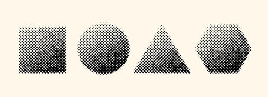Halftone geometric shapes set. Dotted square, circle, triangle and hexagon elements with gradient. Black textured objects for banner, poster, collage, flyer, booklet, brochure. vector