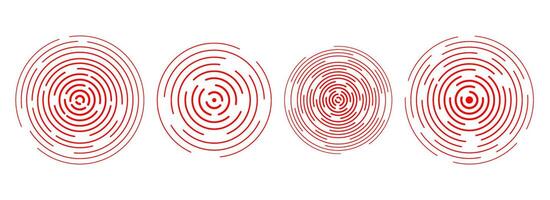 Red concentric ripple circles set. Sonar or sound linear wave rings collection. Epicenter, target, radar icon concept. Radial signal or vibration elements. Halftone line illustration pack vector