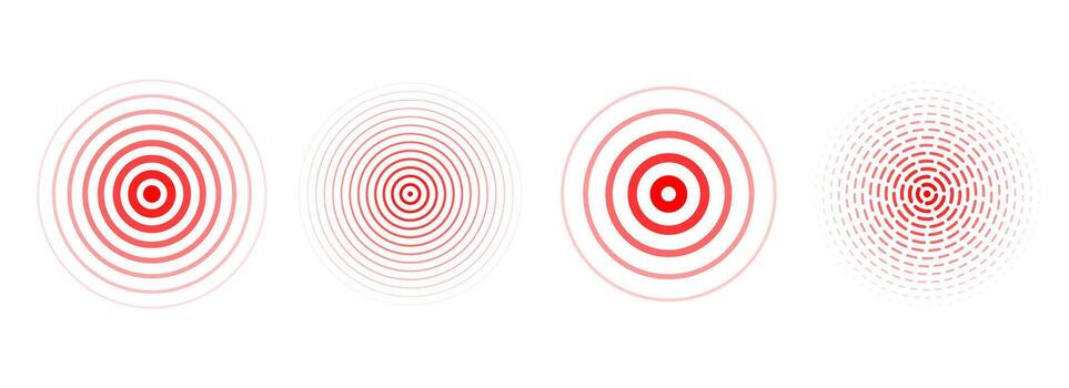 Red concentric ripple circles set. Sonar or sound wave rings collection. Epicentre, target, radar icon concept. Radial signal or vibration elements. Halftone dotted and lined illustration vector