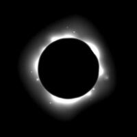 Sun full eclipse concept. Light grey moon glow background. Solar or planet total eclipse in dark space. Hot star surface flare with rays and beams effects. Supernova illustration vector