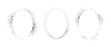 Elliptic frames collection with spray stencil effect. Grunge dotted oval border shadow set. Faded noise texture radial shape bundle. Splattered elements for text box, banner, poster, template. vector