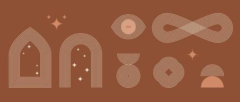Boho style linear frame element collection. Terracotta design forms with stars and arcs. Bohemian decorative ornamental border shapes for badge, icon, card, poster, banner, template. vector
