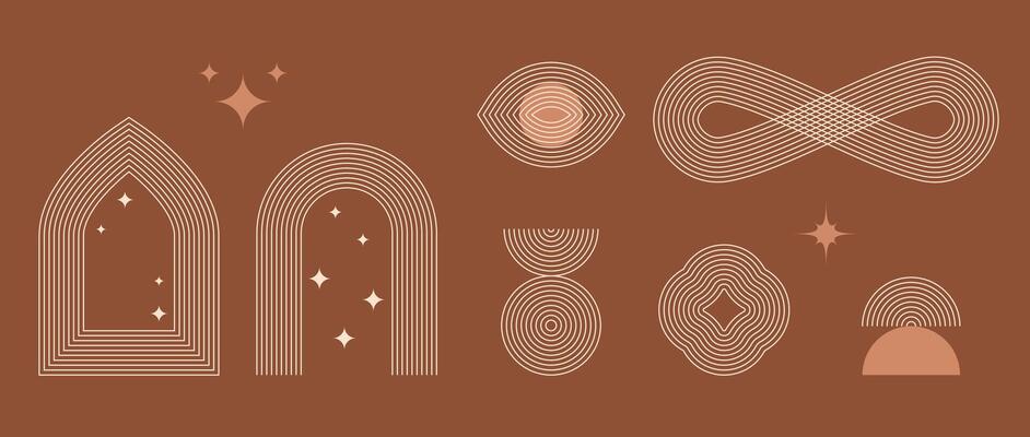 Boho style linear frame element collection. Terracotta design forms with stars and arcs. Bohemian decorative ornamental border shapes for badge, icon, card, poster, banner, template.