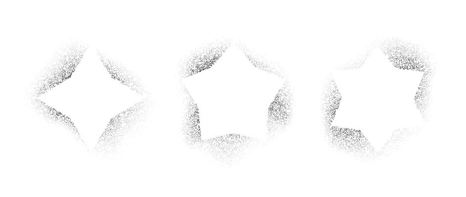 Set of star frames with spray stencil effect. Grunge dotted diamond border collection. Faded noise texture shape bundle. Black splattered elements for text box, banner, poster, template.