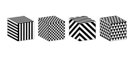 Collection of cubes with different patterns. Striped and checkered 3d squares set. Black and white geometric cubic elements for design templates, icons, logo. Abstract perspective box pack. vector