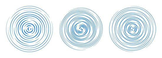 Blue concentric circle segments set. Rippled round patten background. Water or sound wave rings collection. Epicenter, target, radar icon concept. Radial signal or vibration elements. vector