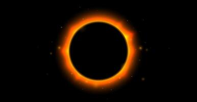 Sun full eclipse concept. Red orange solar glow background. Moon or planet total eclipse in dark space. Hot star surface flare with rays and beams effects. vector