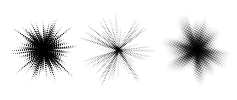 Halftone burst element set. Pop art dotted explosion blast collection. Black light star glow with grunge texture effect. Abstract retro shine star flare for banner poster. Pixelated splash pack vector