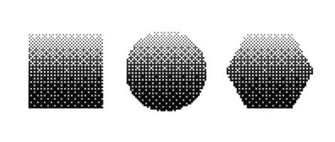 Geometric shapes bitmap set. Dither gradient forms collection. Circle, square, hexagon elements design elements for poster, banner, collage, booklet, brochure. Abstract pixelated shapes pack. vector