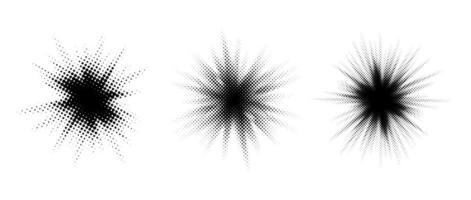 Halftone burst element set. Pop art dotted explosion blast collection. Comic light star glow. Black grunge texture effect. Abstract retro shine star flare for decoration. Pixelated splash pack vector