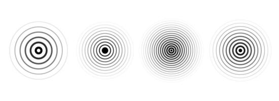 Black concentric ripple circles set. Linear sound wave rings collection. Epicenter, target, radar, sonar icon concept. Radial signal or vibration elements. Halftone illustration vector