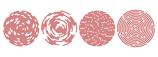 Red concentric ripple circles set. Sonar or sound linear wave rings collection. Epicentre, target, radar icon concept. Radial signal or vibration elements. Halftone line illustration vector