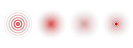 Red concentric ripple circles set. Sonar or sound wave rings collection. Epicentre, target, radar icon concept. Radial signal or vibration elements. Halftone illustration vector