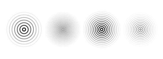 Black concentric ripple circles set. Dotted or linear sound wave rings collection. Epicenter, target, radar, sonar icon concept. Radial signal or vibration elements. Halftone illustration vector