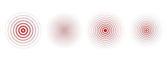 Red concentric ripple circles set. Sonar or sound wave rings collection. Epicentre, target, radar icon concept. Radial signal or vibration elements. Halftone line illustration vector