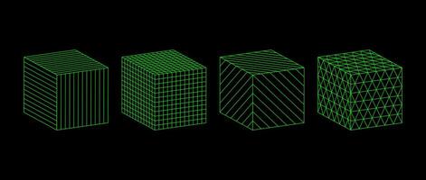 Neon green wireframe cubes collection. 3d outline shapes with different grid patterns. Geometric square elements for design template, icon, logo. Abstract box with lattice lines. vector