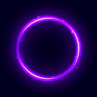 Purple neon circle frame. Glowing electric lights round form. Illuminated shining design element for banner, poster, cover. Circular radial flare with sparkles and sparks. vector
