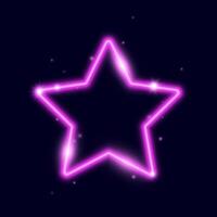 Pink neon star frame with sparks. Glowing electric lights form. Illuminated shining design element for banner, poster, cover. Bright lamp flare with sparkles. vector