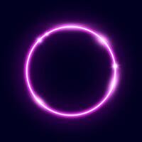 Bright pink neon circle frame. Glowing electric lights round form. Illuminated shining design element for banner, poster, cover. Purple radial circular flare. vector