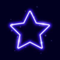 Purple neon star frame with sparks. Glowing electric lights form. Illuminated shining design element for banner, poster, cover. Bright lamp flare with sparkles. vector