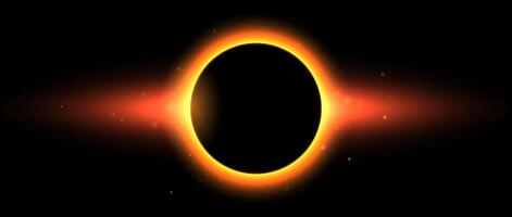 Sun full eclipse concept. Red orange solar glow background. Moon or planet total eclipse in dark space. Hot star surface flare with rays and beams effects. Aura illustration vector