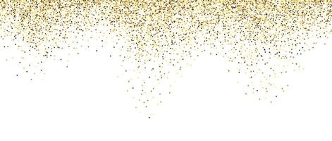 Golden glitter background. Sparkling small confetti wallpaper. Splashed gold dots texture. Border frame design element for posters, flyer, invitation, Christmas, New year, birthday decoration. vector