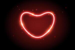 Neon glow heart frame. Illuminated red heart-shaped shape with sparks. Neon color lighting design element for banner, poster, collage. Shining sign with sparkles. vector