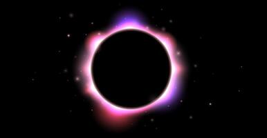 Iridescent round aura eclipse. Pink purple moon glow background. Sun or planet total eclipse in dark space. Star aurora flare with sparks and sparkles effects. vector