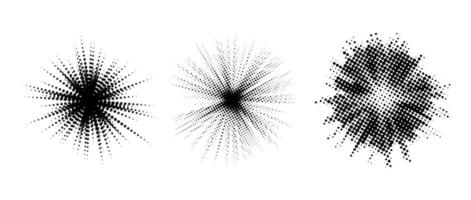 Halftone burst element set. Pop art dotted explosion collection. Black light star with grunge textured effect. Abstract retro noise grain shine star flare. Pixelated splash and blast pack vector