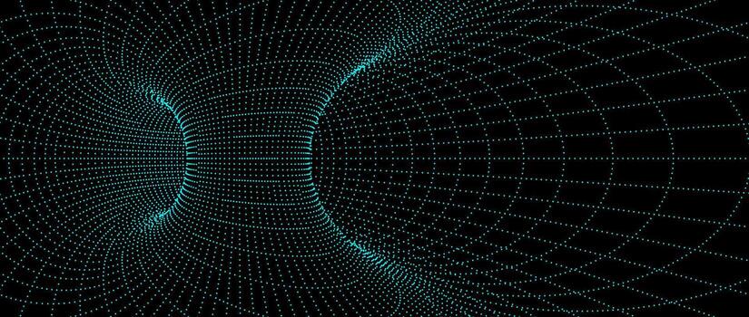 agujero de gusano estructura metálica estructura. neón geométrico punteado contorno cuadrícula túnel fondo. 3d embudo o vórtice textura. azul rayado resumen energía líneas en oscuro antecedentes. ilustración fondo de pantalla vector