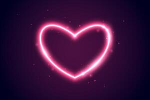 Neon glow heart frame. Illuminated pink heart-shaped shape with sparks. Neon color lighting design element for banner, poster, collage. Shining sign with sparkles. vector